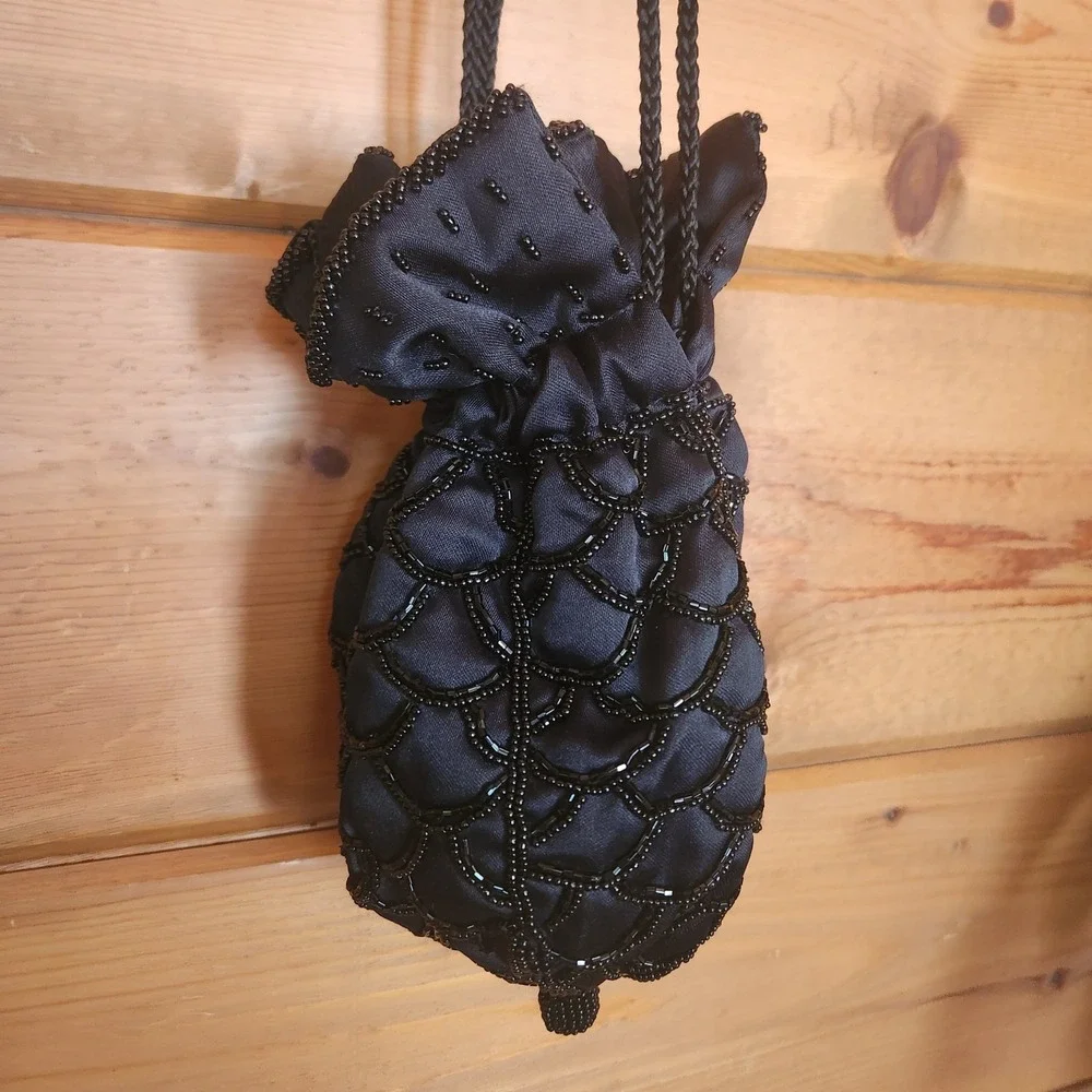 Vintage Magid Black Glass Bead Satin Drawstring Purse Rare HTF Evening Bag Pouch
